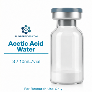 Silo Peptides Acetic Acid Water product illustration showing 3 and 10 mL per vial; 10 vials per box.