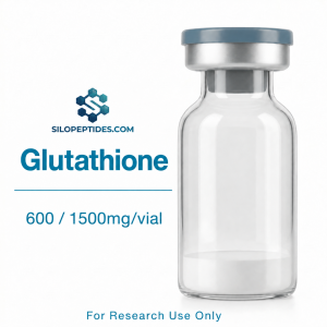 Silo Peptides Glutathione product illustration showing 600 and 1500 mg per vial; 10 vials per box.