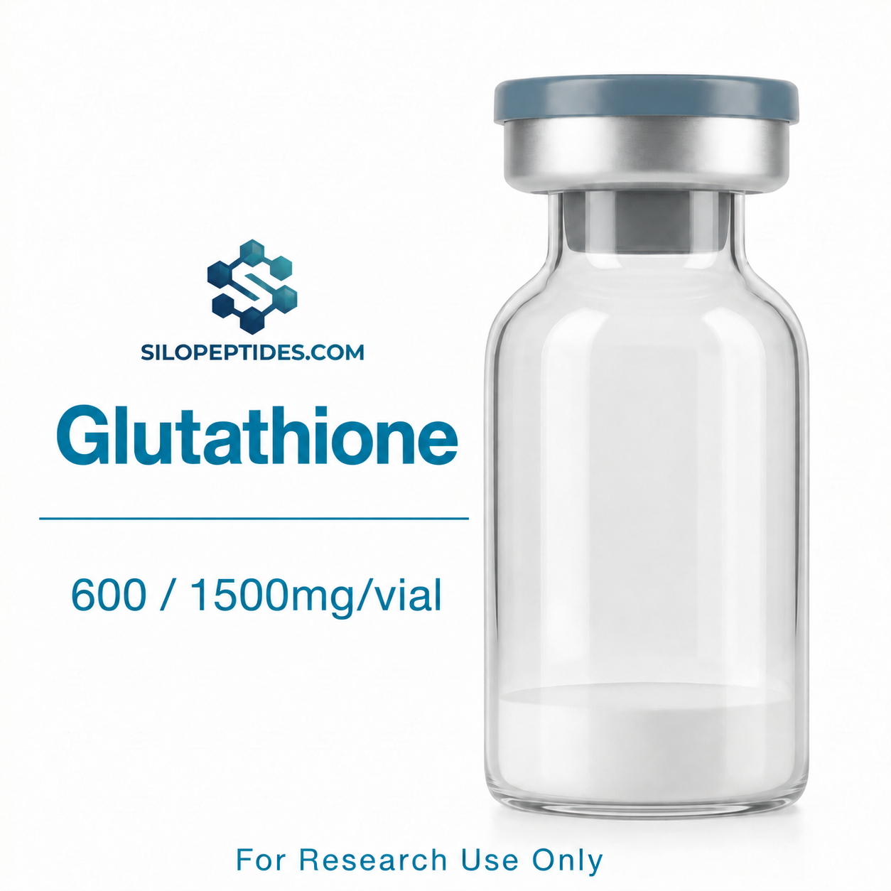 Silo Peptides Glutathione product illustration showing 600 and 1500 mg per vial; 10 vials per box.