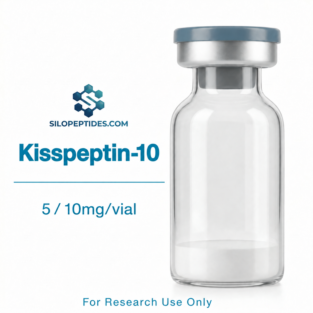 Silo Peptides Kisspeptin-10 product illustration showing 5 and 10 mg per vial; 10 vials per box.