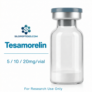 Silo Peptides Tesamorelin product illustration showing 5, 10 and 20 mg per vial; 10 vials per box.