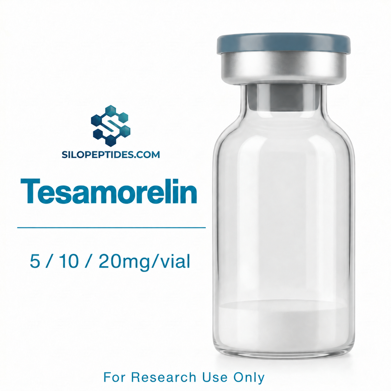 Silo Peptides Tesamorelin product illustration showing 5, 10 and 20 mg per vial; 10 vials per box.